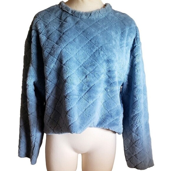 ZARA Blue Faux Fur Boho Quilted Sweater Cropped Y2K Boxy Womens Size M Fuzzy - Picture 6 of 11